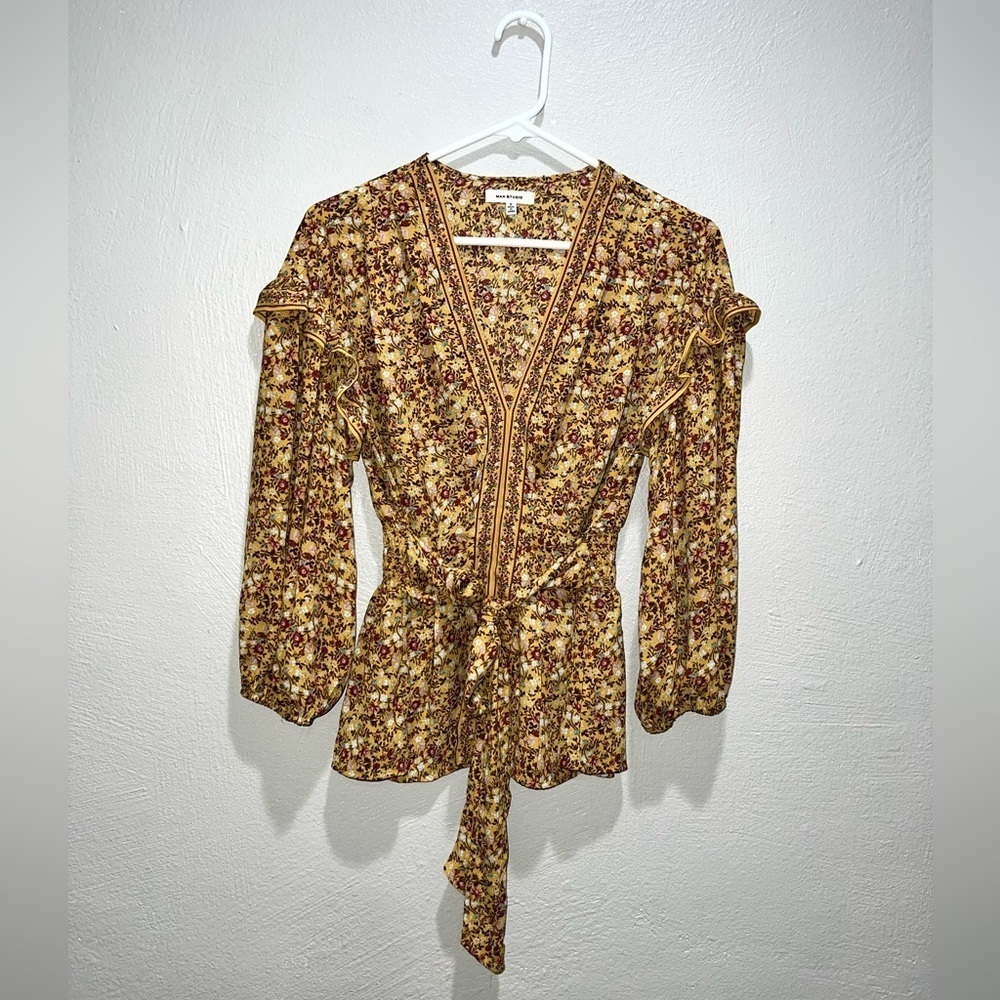 Max Studio Yellow Floral Bell Sleeve Tie Waist Boho Top